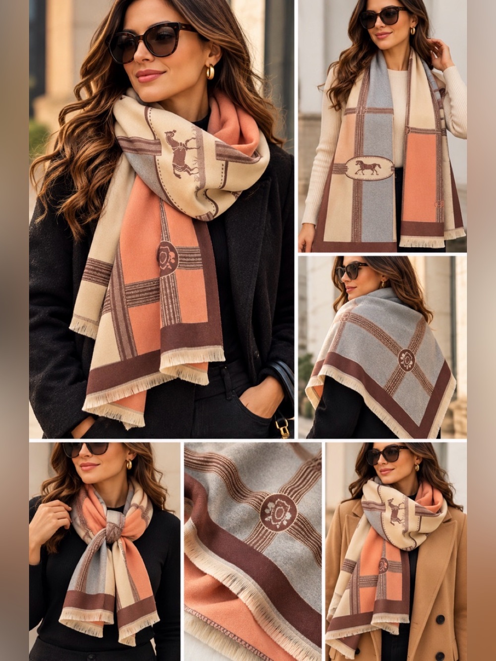 Women’s Plaid Fringe Scarf in Cream, Peach & Gray